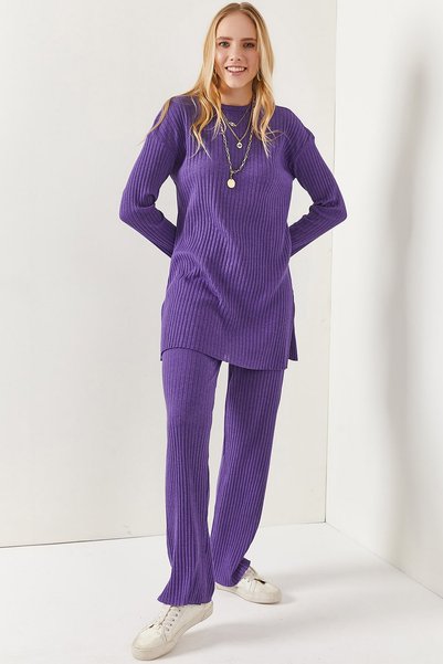 Women's Purple Slit Detail Top and Palazzo Corded Fabric Set TKM-19000180