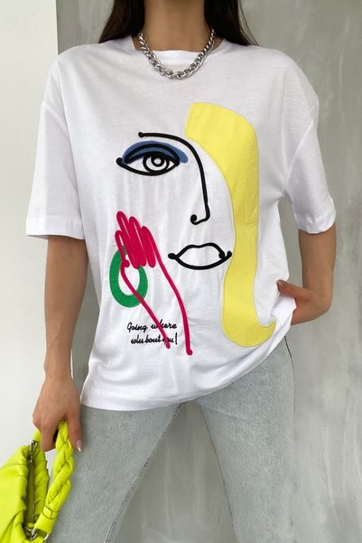 Women's White New Season Face Pattern Design T-Shirt