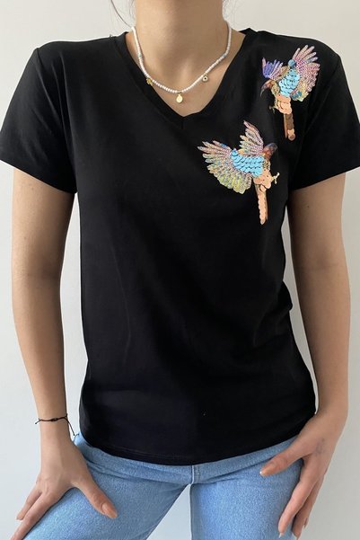 Women's Black V-Neck Shoulder Bird Sequin Sequin Embroidered 100% Cotton T-Shirt