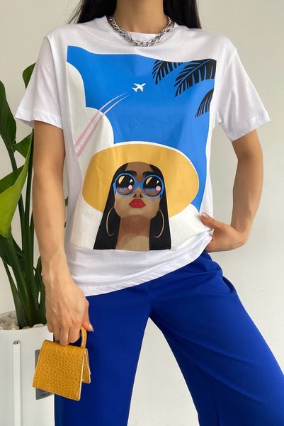 Women's White New Season Printed Cotton T-Shirt