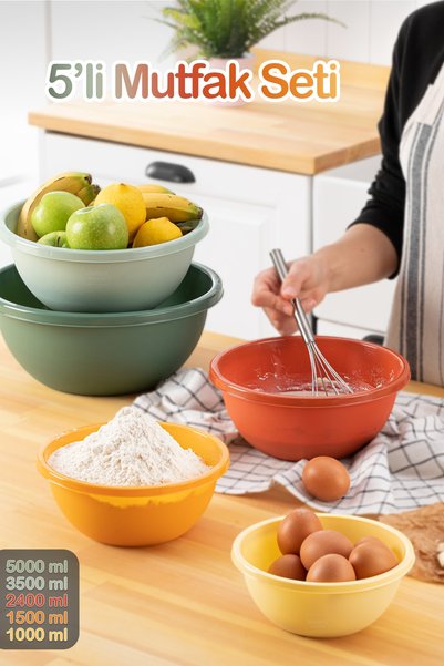 5 Piece Round Mixing Bowl Set - Multipurpose Colorful 5 Different Sizes Basin Storage Bowl