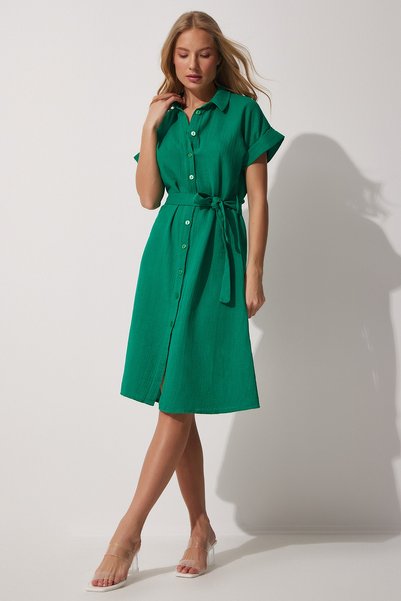Women's Green Belted Linen Shirt Dress MX00046