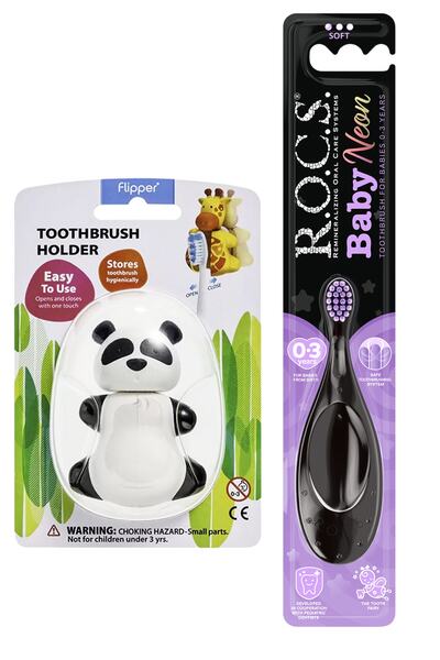 Baby Neon четка за заби за 0-3 години, виолетова, и Flipper сет со хигиенска кутија за чување - со лик на панда