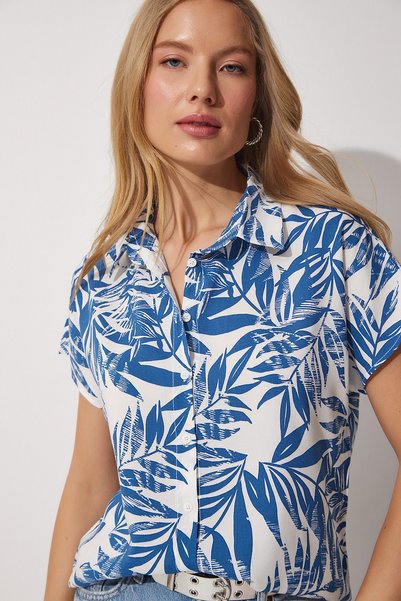 Women's White Blue Floral Patterned Short Sleeve Viscose Shirt BH00408