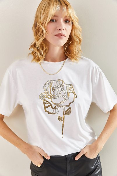 Women's White Rose Patterned Tshirt 40701006