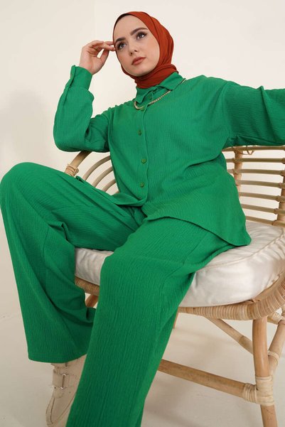 T5858 Knitted Hijab Double Suit - Green