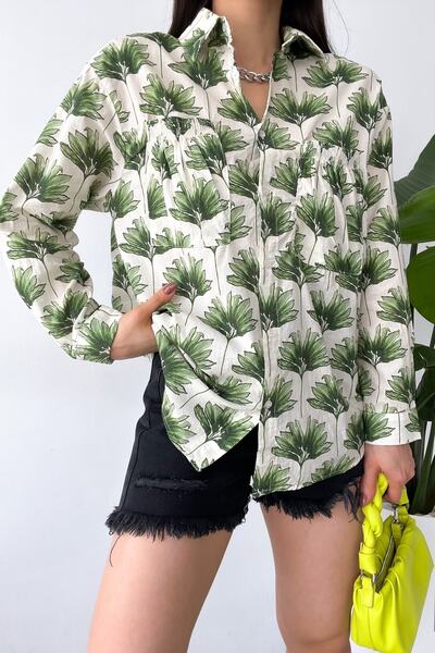 Women's Pocket Flap Gathered Leaf Pattern Loose Shirt
