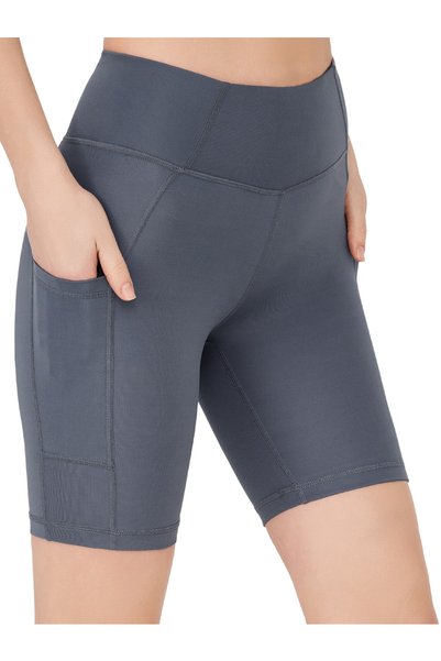 Women's Anthracite High Waist Smoothing Double Pocket Biker Shorts Short Sports Tights