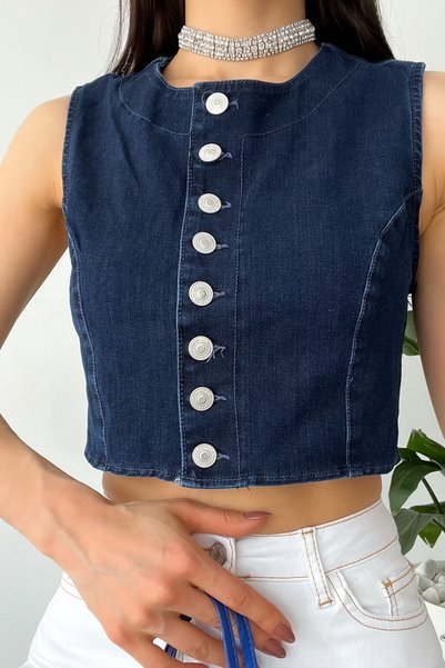 Women's Denim Buttoned Crop Sleeveless Blouse
