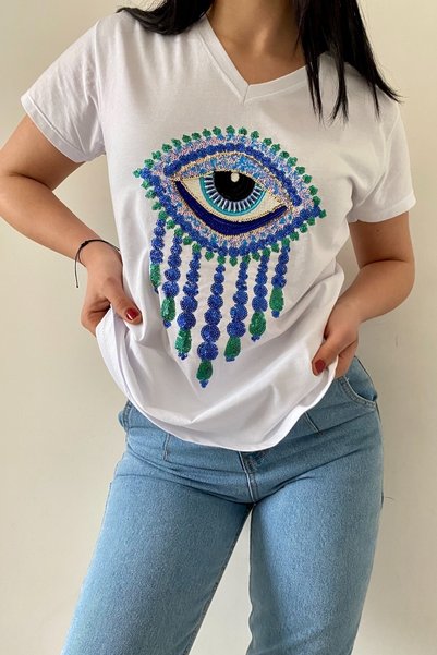 Women's White V-Neck Eye Sequin and Embroidery 100% Cotton T-shirt