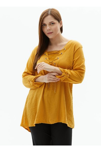 V-Neck Plain Yellow Women's Blouse 23Ysl8506