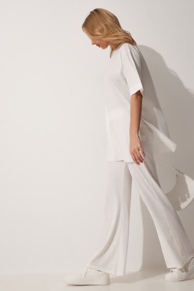 Women's White Corded Stretch Knitted Top and Bottom Set KH00086