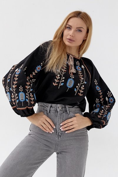 Women's Black Tasseled Vintage Embroidered Cotton Blouse