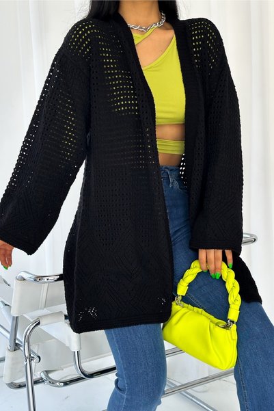 Women's Black Openwork Low Shoulder Standard Size Oversize Knit Cardigan