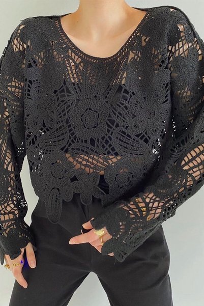 Women's Black Crochet Standard Size Lace Blouse