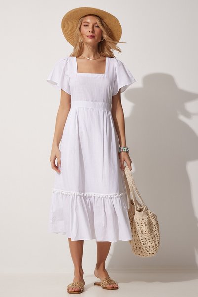 Women's White Square Collar Linen Dress JH00046