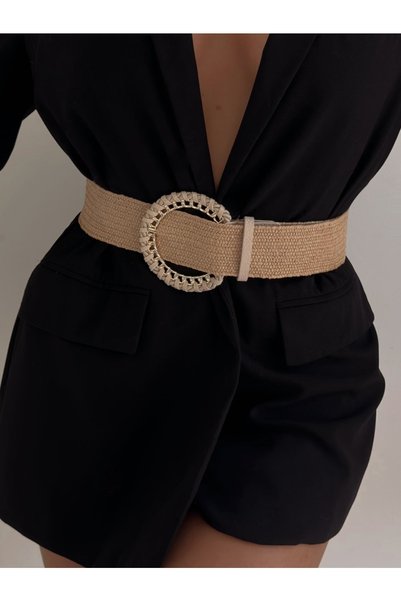Straw Elastic Women's Belt with Knitted Buckle, Jacket Belt, Shirt Belt, Dress Belt
