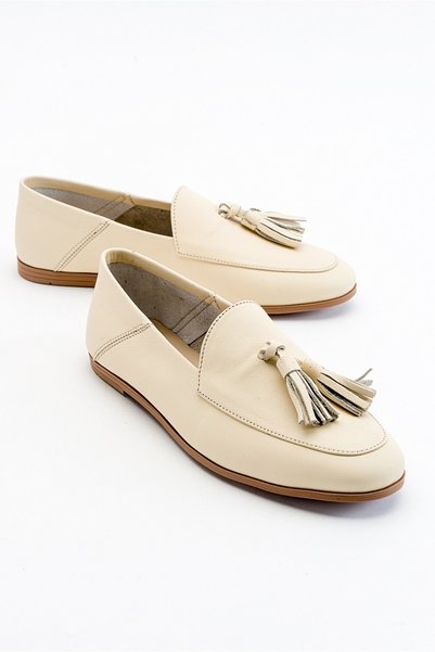 F04 Ecru Beige Skin Genuine Leather Tasseled Women's Loafer Shoes