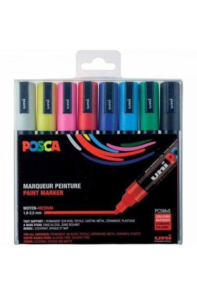 Posca Pc-5M 1.8-2.5 mm Water Based Painting Marker Set Primary Colors 8 Colors