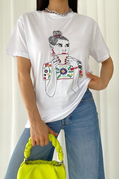Women's White Design Embroidered 100% Cotton T-Shirt