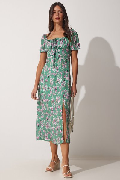 Women's Green Gathered Collar Floral Satin Surface Summer Dress FF00125