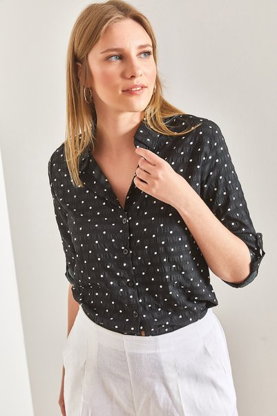 Women's Black Polka Dot Folded Sleeve Viscose Shirt 60261513