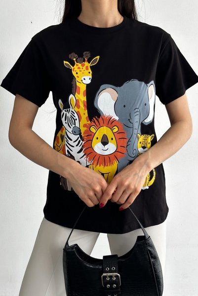 Women's Black Crew Neck Printed 100% Cotton T-Shirt