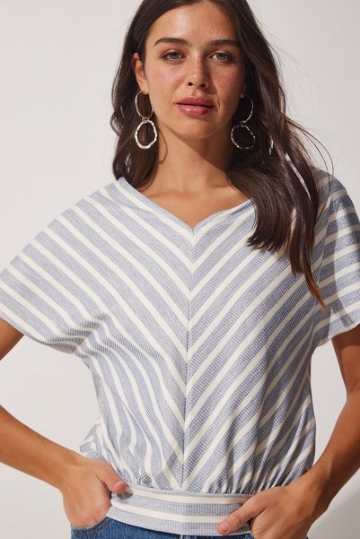 Women's Light Blue White Striped V-Neck Knitted Blouse WF00026