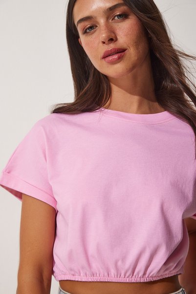 Women's Pink Elastic Waist Crop T-Shirt UB00083