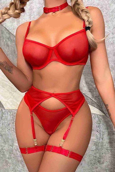 Tulle Bra Panties Set with Garter and Throat and Leg Accessory Red