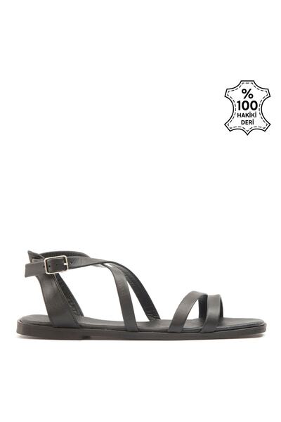 Genuine Leather Flat Sandals Black - Dalyan