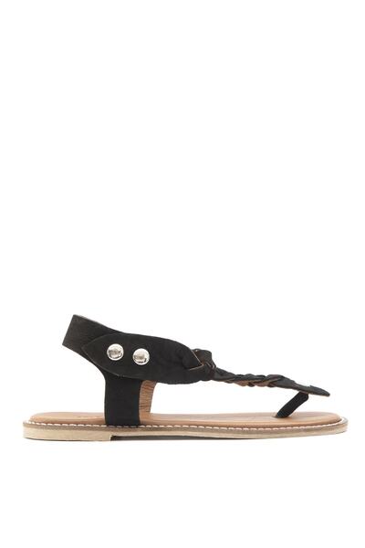 Genuine Leather Flat Sandals Black - Tulınn