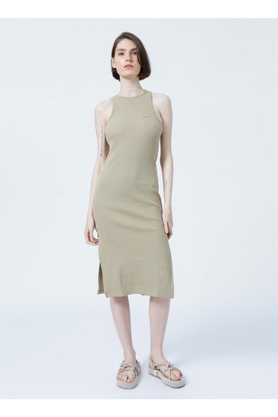 Crew Neck Beige Midi Women's Dress W 221328614