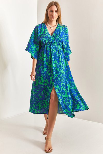 Women's Blue Double-Breasted Collared Front Slit Dress 40861028