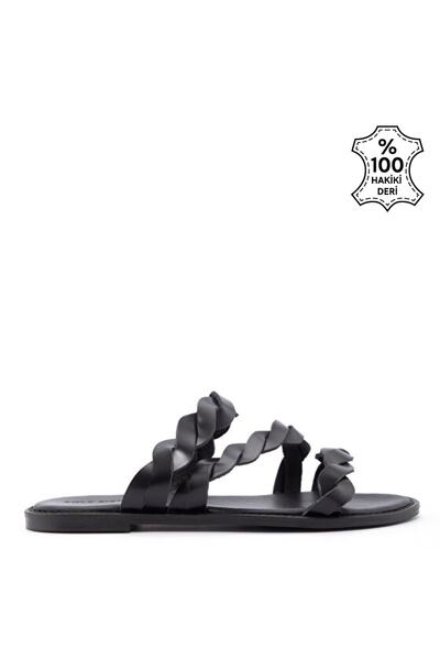 Genuine Leather Flat Slippers Black - Tamarr