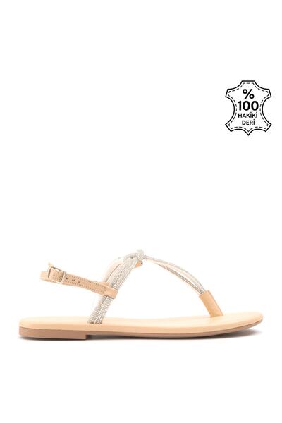 Genuine Leather Flat Sandals Beige - Marine