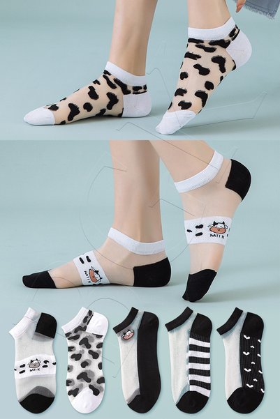 5 Pairs Cow Pattern Tulle Socks
