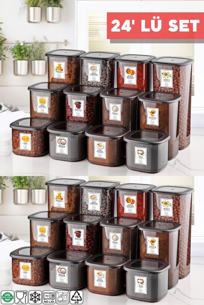Set of 24 Anthracite Economical Unbreakable Storage Containers with Labels 1.75/1.2/0.55 Lt