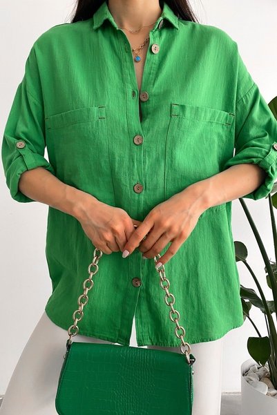 Women's Wooden Button Folding Sleeve Double Pocket Loose Flowy Loose Fit 65% Cotton 35% Linen Shirt
