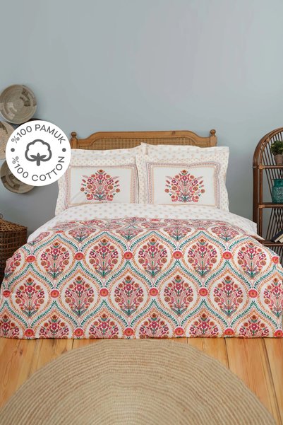 Carmenta Brick Red 100% Cotton Double Duvet Cover Set