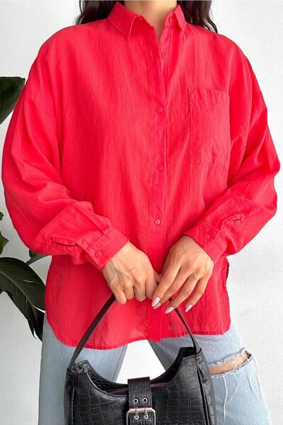 Women's Pomegranate Blossom Low Shoulder Single Pocket Basic Oversize Wide Fit Shirt