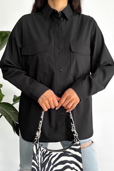 Women's Black New Season Double Pocket Oversize Shirt