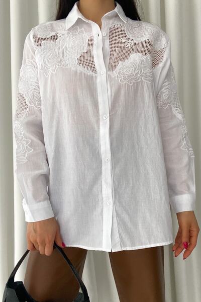 Women's White Rose Embroidered Wide Fit Oversize 100% Cotton Thin Shirt