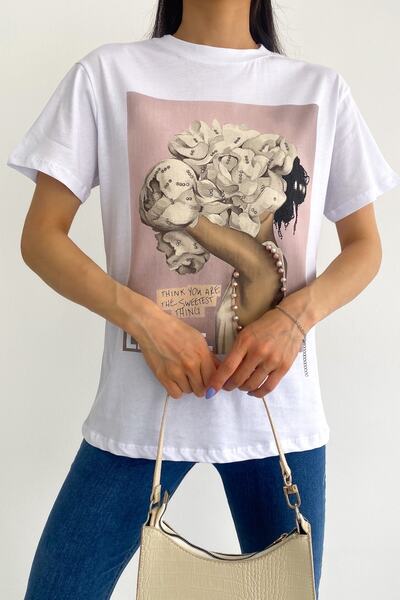 Women's White New Season Printed Pearl Bead Embroidered Cotton T-Shirt