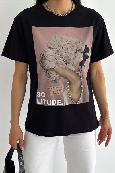 Women's Black New Season Printed Pearl Bead Embroidered Cotton T-Shirt