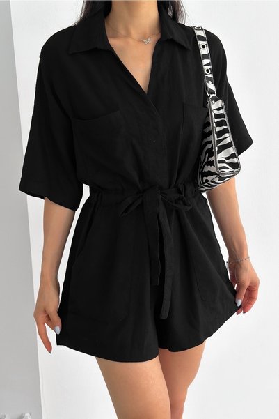 Women's New Season Double Pocketed Waist Gathered Belted Linen Jumpsuit