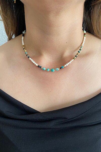 Prehnite Chrysocolla и Aquamarine ѓердан од природни камења и Majorica бисери рачна изработка