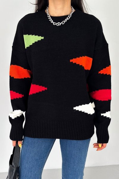 Women's Black New Season Multi Color Detailed Standard Size Oversize Knitwear Sweater