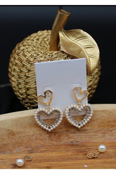 Women's Double Heart Pearl and Stone Earrings