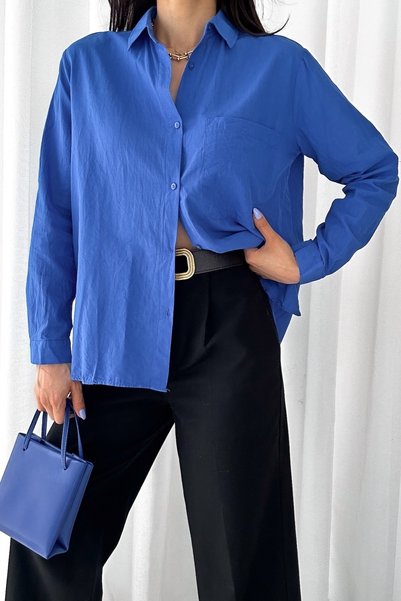 Women's Blue Single Pocket 100% Cotton Basic Shirt